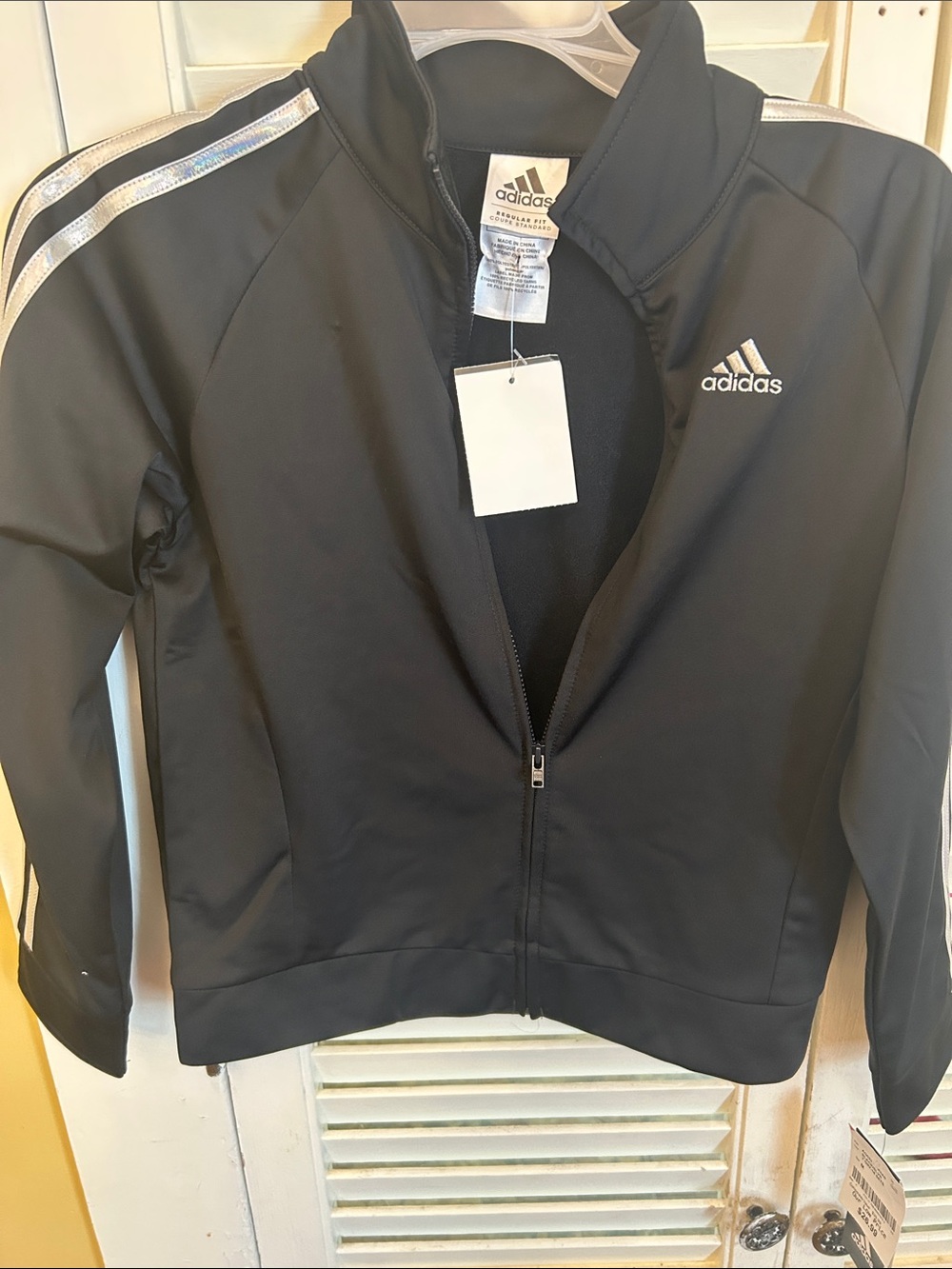 adidas Black Track Jacket with Silver Holographic Shoulder Stripes